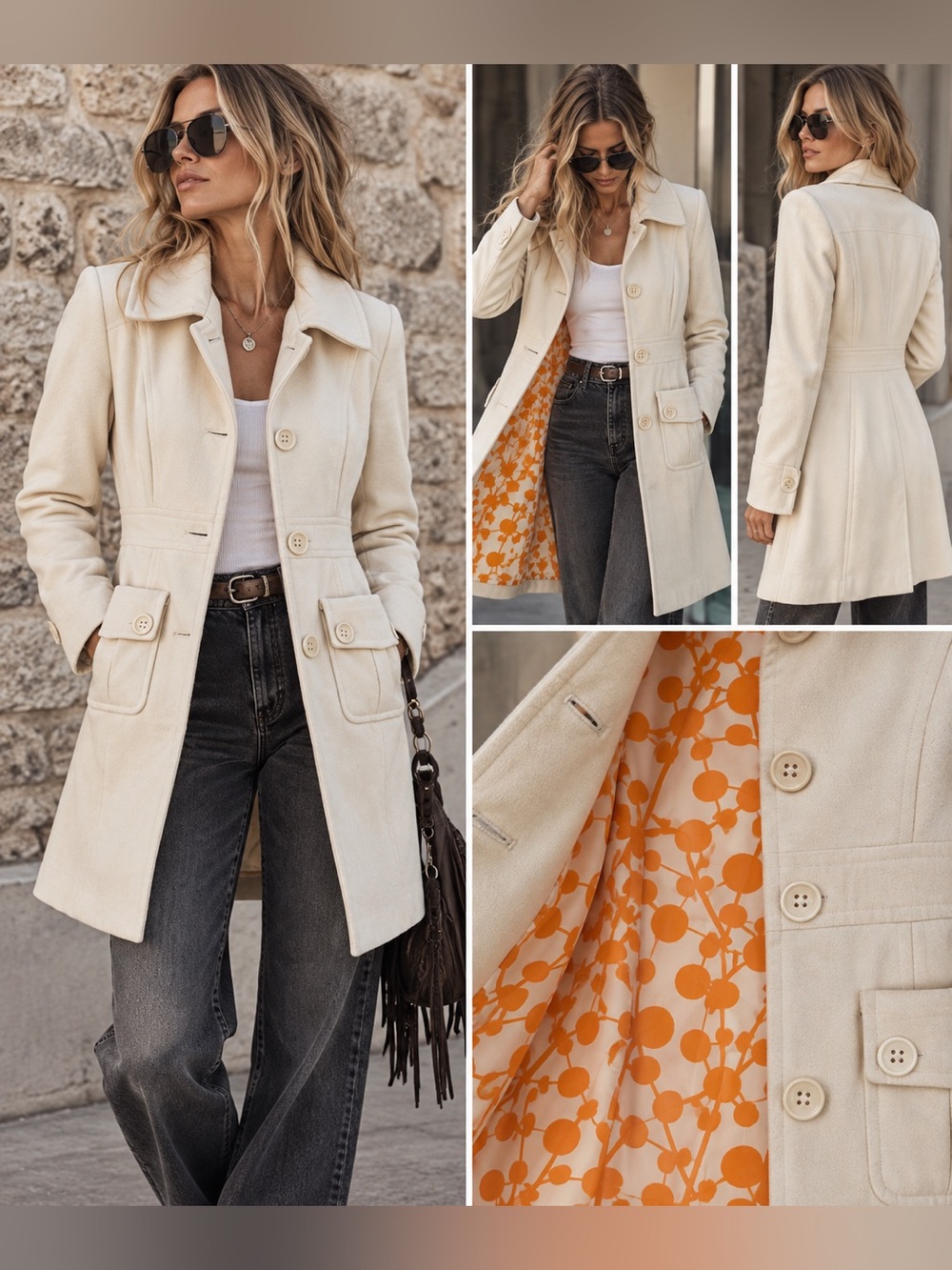Tulle Original Design Ivory Wool Blend Mod Coat Orange Lining M Vintage